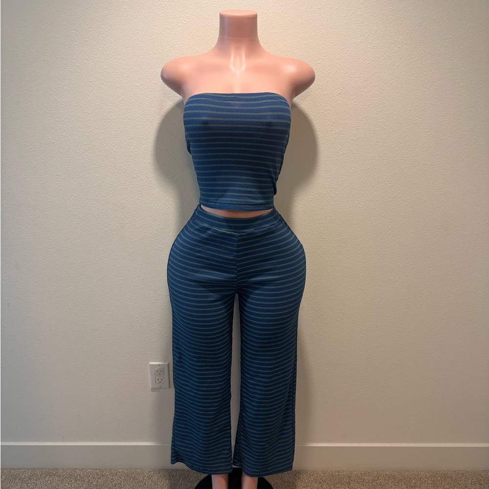 Striped Blue Tube Top & Wide-Leg Pants Set